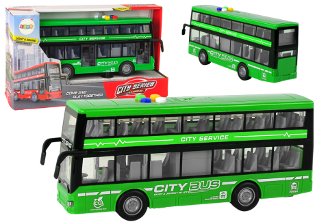 Przejdź do produktu Autobus Piętrowy Na Baterie Światła Dźwięki Napęd Frykcyjny Zielony 1:16