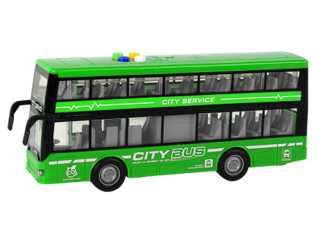 Przejdź do produktu Autobus Piętrowy Na Baterie Światła Dźwięki Napęd Frykcyjny Zielony 1:16