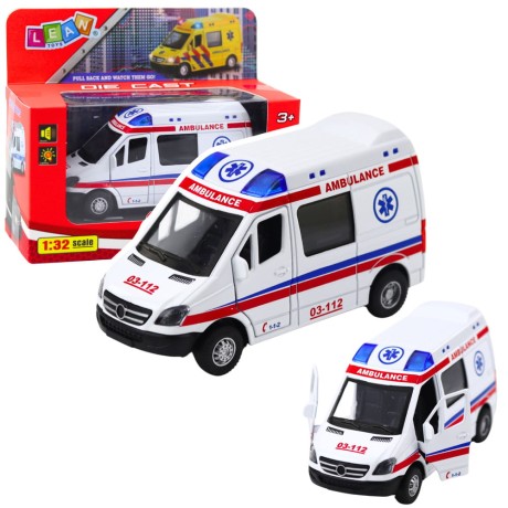 Przejdź do produktu Karetka Ambulans Metalowy Z Napędem Pull Back Światła Dźwięki Biały 1:32
