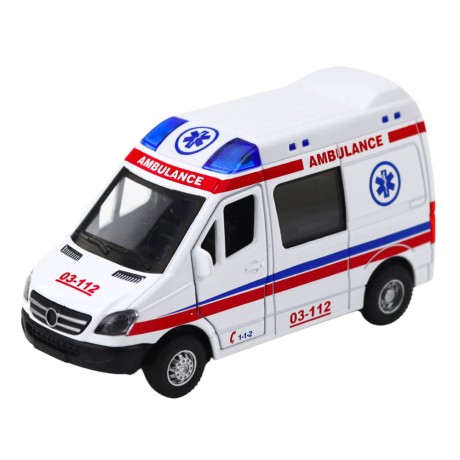 Przejdź do produktu Karetka Ambulans Metalowy Z Napędem Pull Back Światła Dźwięki Biały 1:32