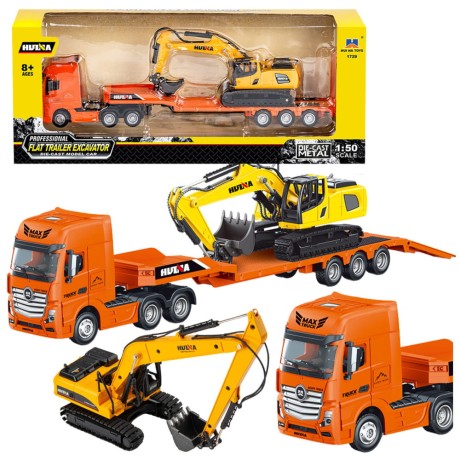 Przejdź do produktu Ciężarówka z Naczepą Laweta Koparka Metalowa Huina Pomarańczowa 1:50