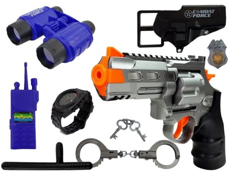 Przejdź do produktu Zestaw Policyjny Pistolet Kajdanki Lornetka Gwizdek Zegarek Odznaka