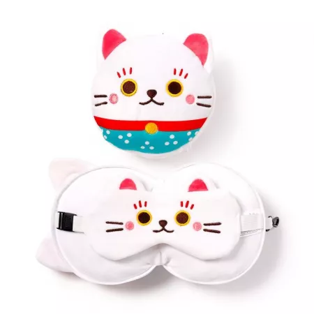 Przejdź do produktu Poduszka podróżna z maską na oczy Kot Maneki Neko Adoramals – pluszowa poduszka 2w1 do snu i podróży