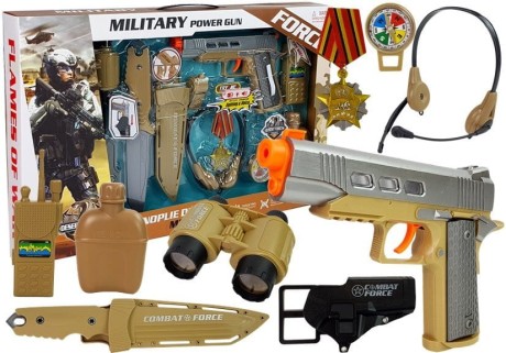 Przejdź do produktu Zestaw Wojskowy z Akcesoriami Pistolet Nóż Lornetka Słuchawki Gwizdek Krótkofalówka Jasnozielony LEAN Toys