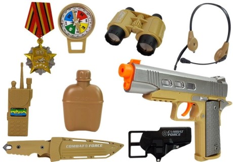 Przejdź do produktu Zestaw Wojskowy z Akcesoriami Pistolet Nóż Lornetka Słuchawki Gwizdek Krótkofalówka Jasnozielony LEAN Toys
