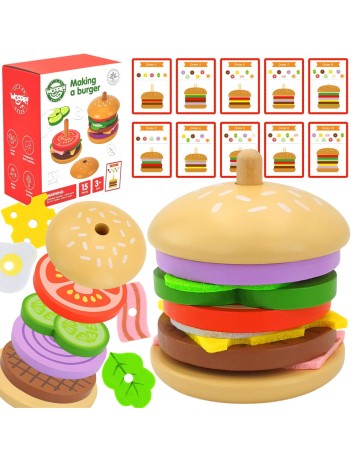 Przejdź do produktu WOOPIE GREEN Drewniany Zestaw Edukacyjny "Burger" 15 el. FSC – Układanka i Zabawa w Restaurację