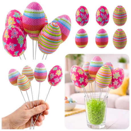 Przejdź do produktu Jajka Wielkanocne Na Piku Druciku Kropki Kwiatki Paski Ozdoba Kolorowe 6szt