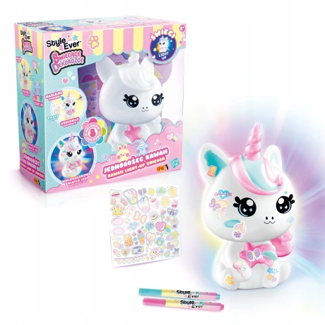 Przejdź do produktu Świecący zestaw DIY „Dekorożec” Kawaii — Jednorożec do dekorowania z markerami i naklejkami, z bateriami