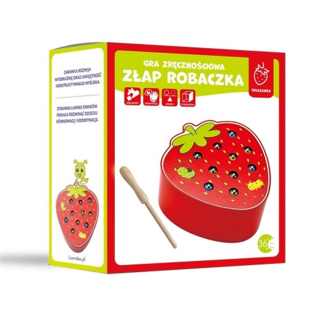 Przejdź do produktu Drewniana gra edukacyjna "Złap robaczka" – Truskawka z 10 kolorowymi gąsienicami i magnetycznym kijkiem