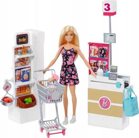 Przejdź do produktu Barbie Supermarket z lalką – Interaktywny sklep z wózkiem i kasą FRP01