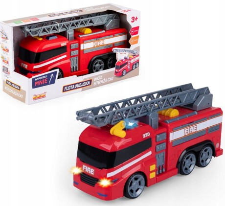 Przejdź do produktu Duży samochód straży pożarnej z dźwiękiem i światłami — wysuwana drabina, otwierany bok (wiek 3+)