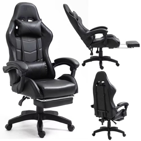 Przejdź do produktu Fotel gamingowy LEAN obrotowy biurowy z podnóżkiem poduszki czarny – ergonomiczny fotel dla gracza