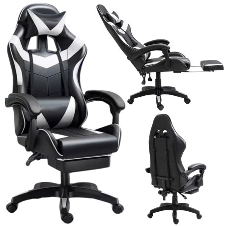Przejdź do produktu Fotel Gamingowy LEAN Obrotowy Biurowy Z Podnóżkiem Poduszki Czarno-Biały