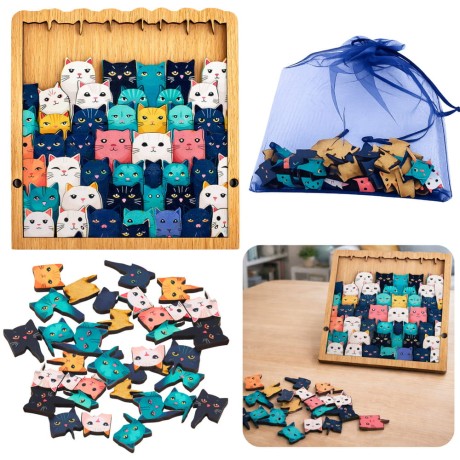 Przejdź do produktu Drewniane Puzzle Kotki Układanka Edukacyjna Ramka Woreczek 62 el.