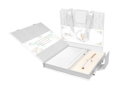 Przejdź do produktu Zestaw upominkowy na Komunię – notes z gumką i biały długopis ze złotymi wykończeniami w etui prezentowym