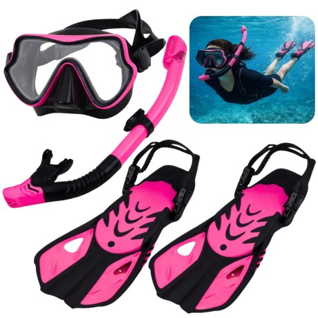 Przejdź do produktu Zestaw Do Nurkowania Snorkelingu Płetwy Okulary Fajka Czarno-Różowy S/M