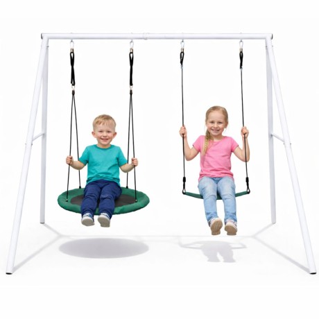 Przejdź do produktu Huśtawka Ogrodowa Bocianie Gniazdo Siedzisko 2w1 Stelaż Biały 210x170 cm