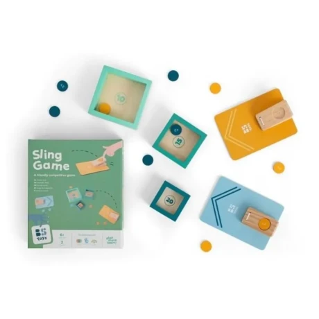 Przejdź do produktu BS Toys Drewniana gra zręcznościowa „Wyrzutnia żetonów” – zestaw celów i wyrzutni dla dzieci 6+